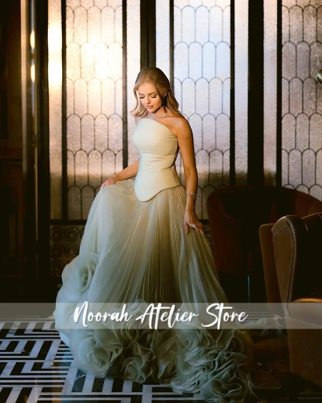 Sage สีเขียว Strapless ดูไบพิเศษ Tulle รถไฟชุดราตรี 2025 ชุดแต่งงานพรหมชุด FBساتة อย่างเป็นทางการชุดที่กําหนดเอง
