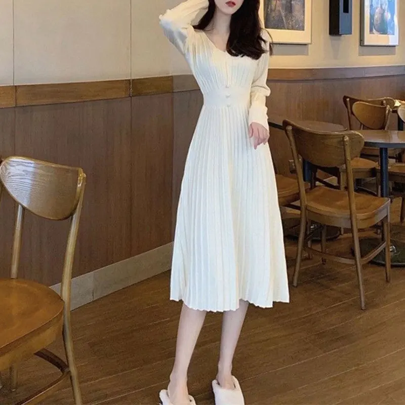 Solid Button V Neck Long Sleeve Sweater Dress Elegant Fashion Harajuku Slim Fit Female Clothes Loose Casual All Match Longuette