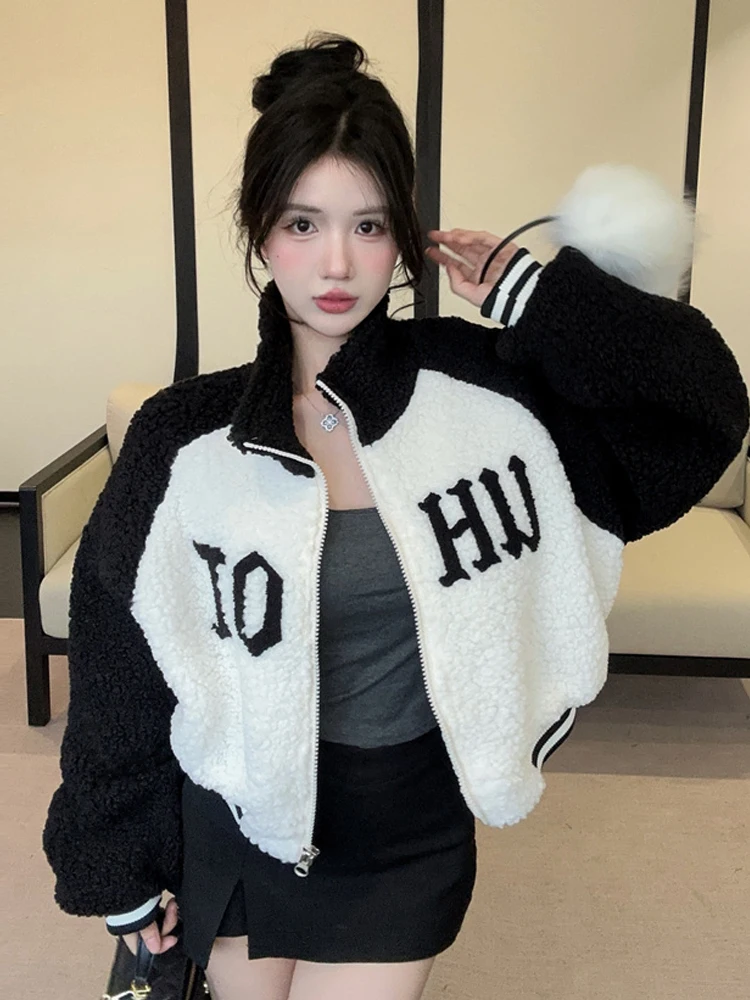 

Sli Retro Spliced Color Lamb Fur Simulation ort Jaet Loose Fit Stand Collar Zipper Outerwear for Trendy Girls