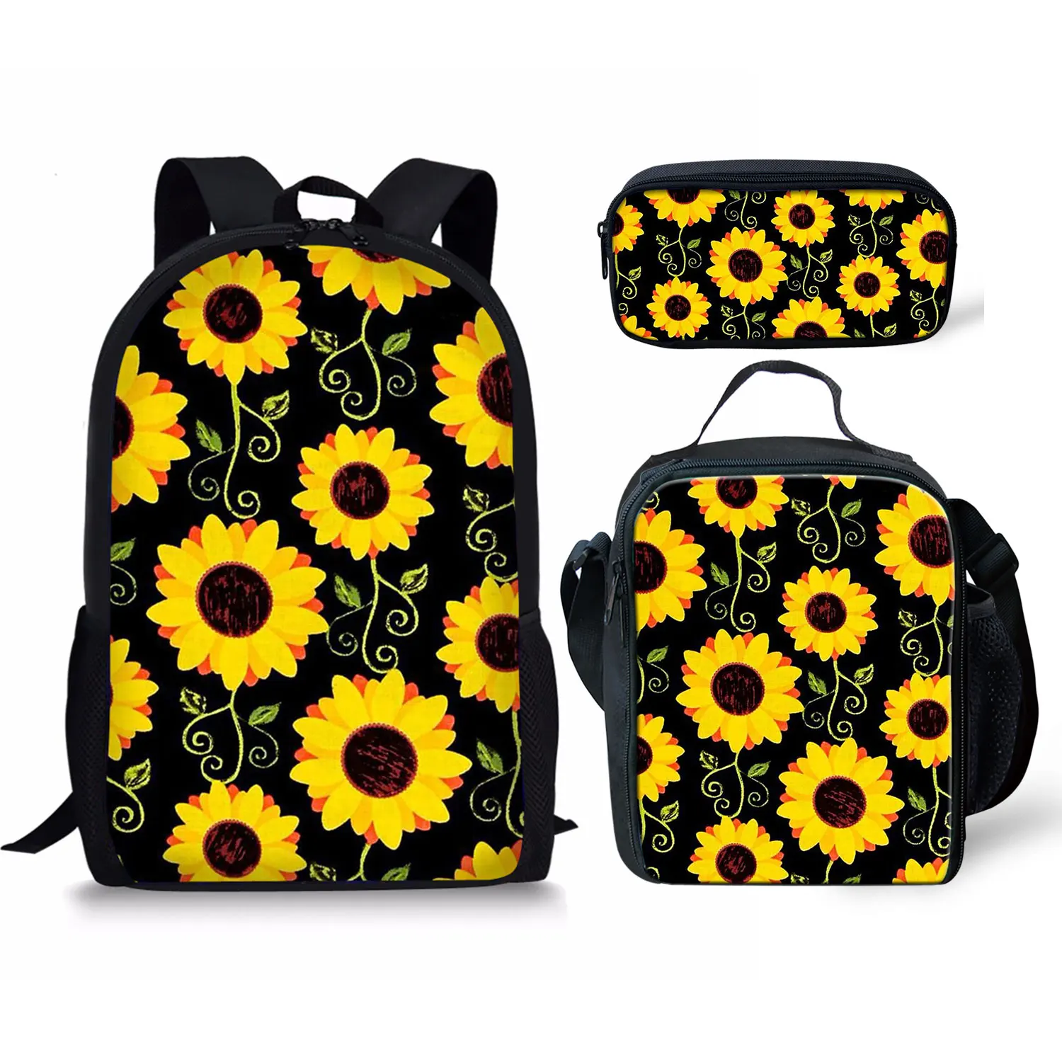 Mochila con patrón de luz de luna de girasol, bolsa de almuerzo con estampado 3D para estudiantes, mochila para portátil de Anime, estuche para lápices, 3 unidades por juego