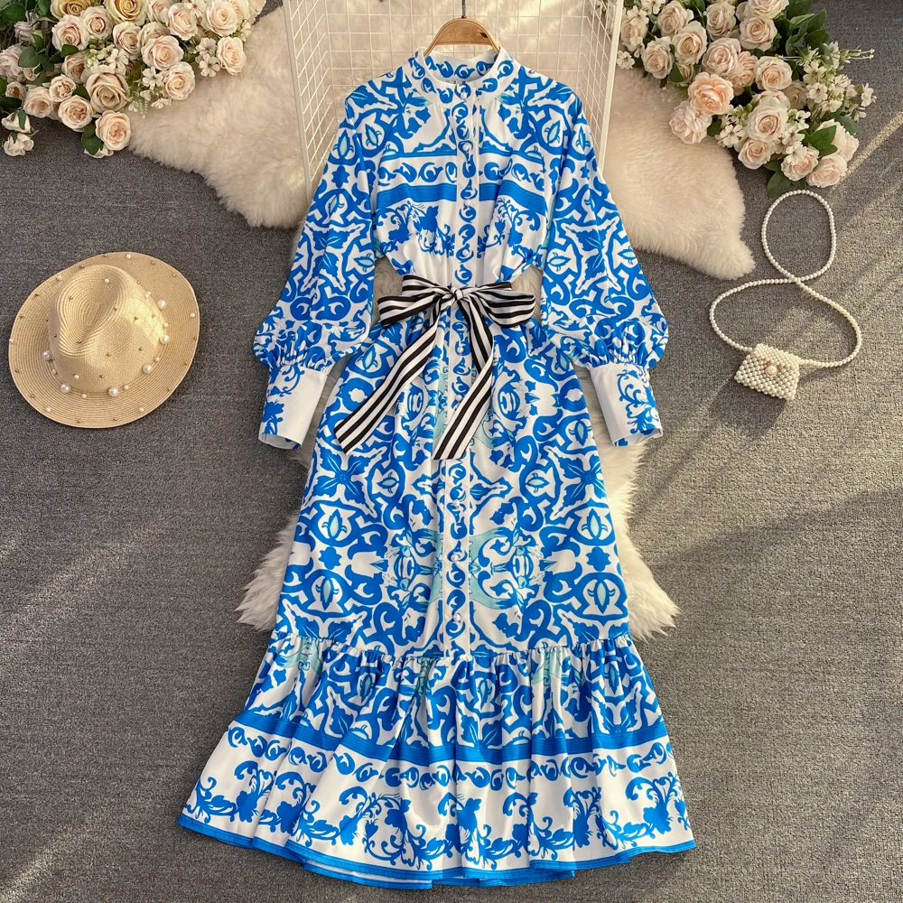 Autumn Fashion Long Lantern Sleeve Women Vintage Dress White and Blue Porcelain Printed Bow Belt Runway Long Vestidos - AliExpress Autumn Fashion Long Lantern Sleeve Women Vintage Dress White and Blue Porcelain Printed Bow Belt Runway Long Vestidos - AliExpress