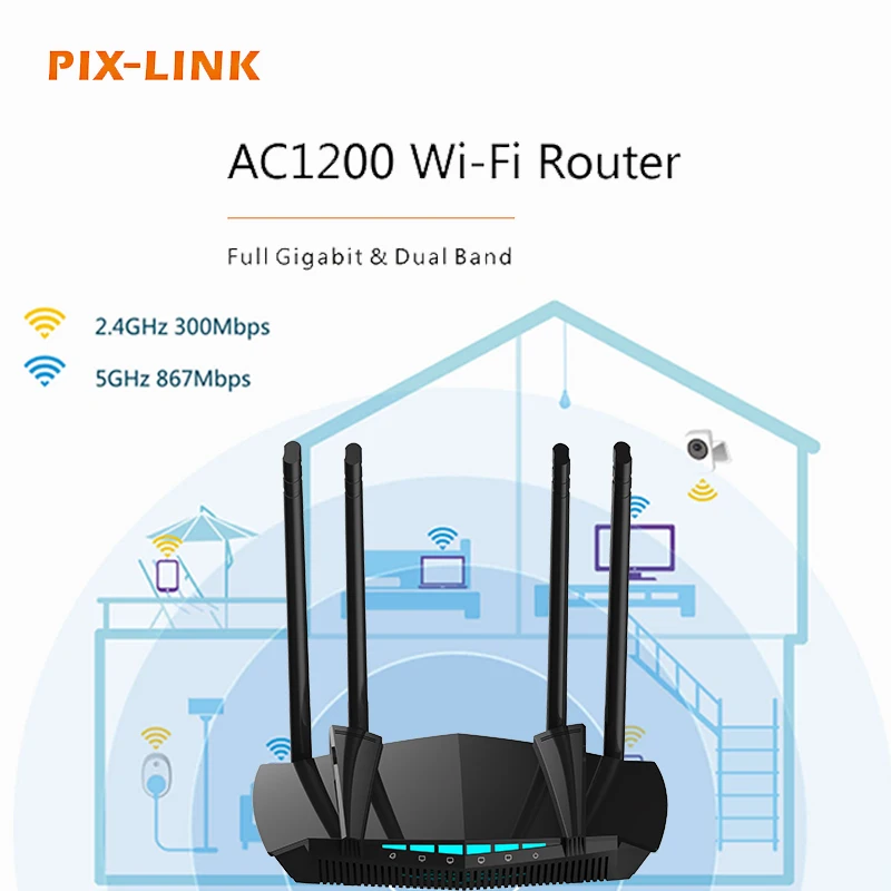 PIX-LINK  AC1200 Dual Band Gigabit WiFi Router MU-MIMO WPA3 4 Antennas 300Mbps Coverage 50 Devices For Home Office AC22