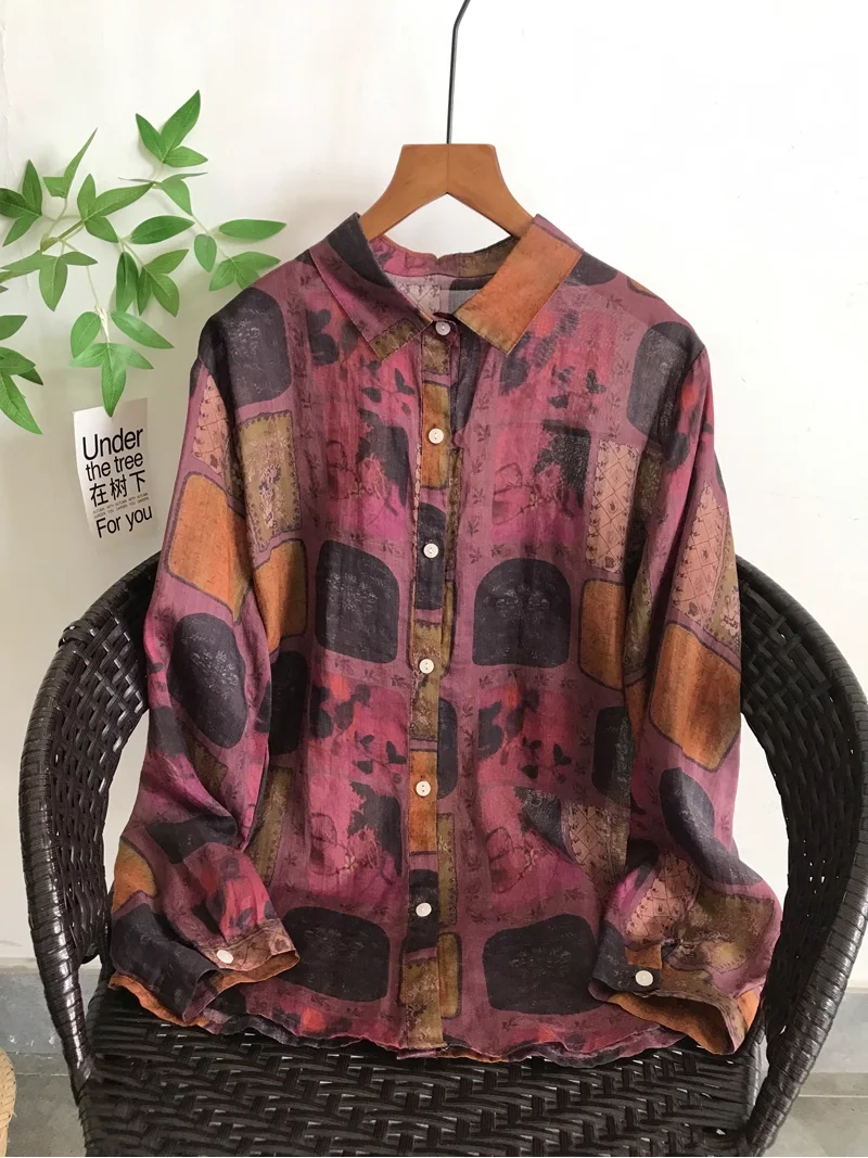 

Enianechu, натуральный материал, 100% льняные рубашки рами, винтажные блузки с длинными рукавами и принтом для женщин, осенние дышащие топы