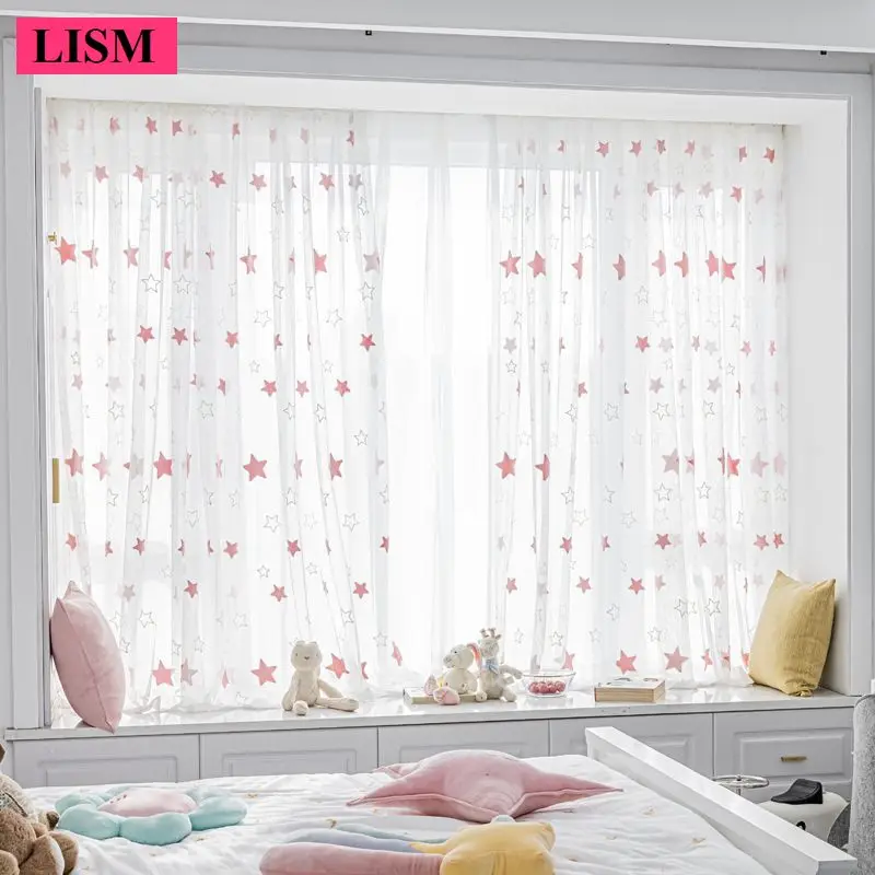 Children's Room Pink Pentagram Floating Window Curtains for Living Dining Room Bedroom New Girls Curtains Balcony Room Tulle