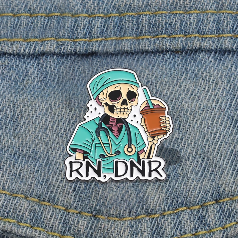 Skeleton Doctor Enamel Pins Custom RN,DNR Doctor Surgical Gown Stethoscope Brooches Lapel Badges Punk Jewelry Gift for Friends