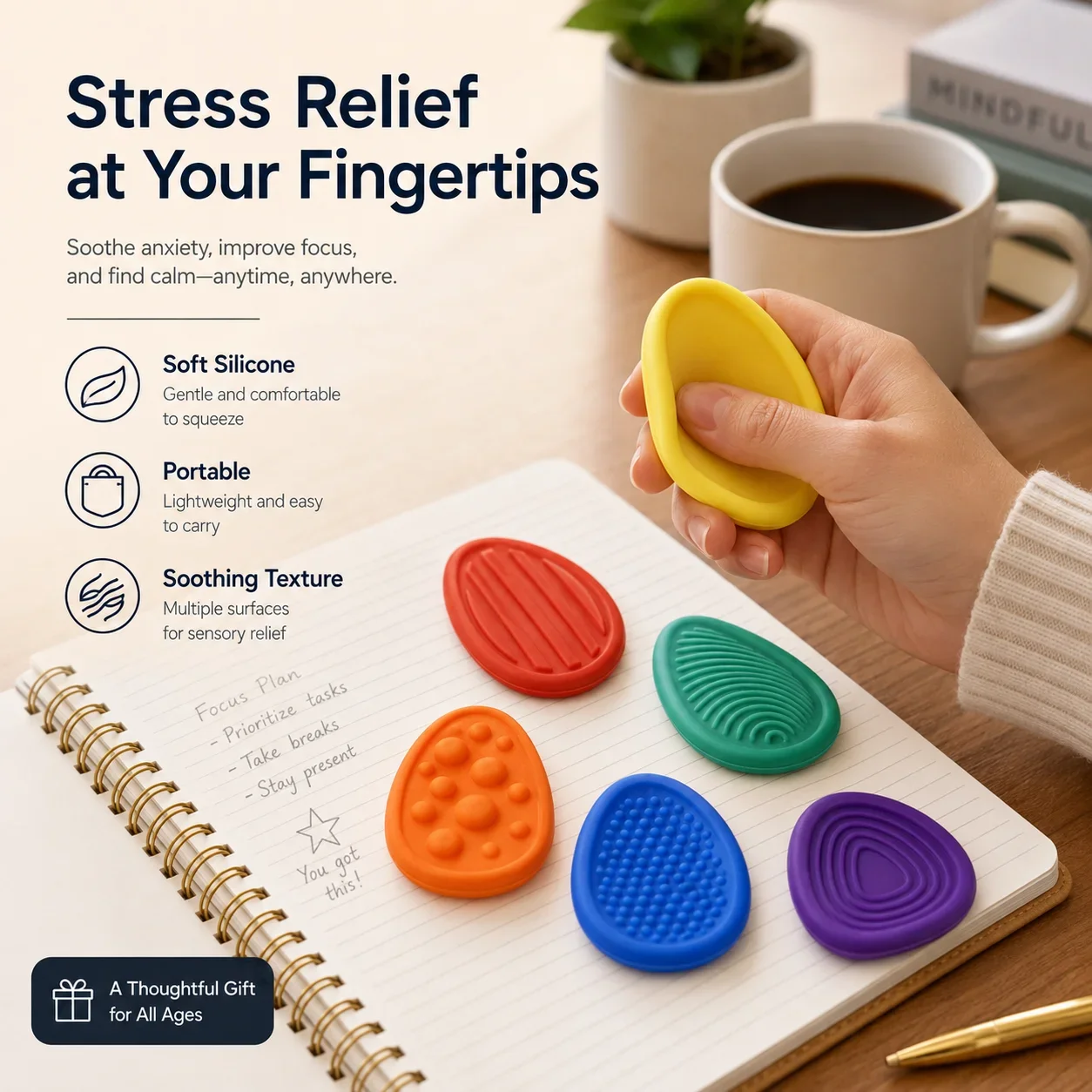 6 PCS Set Silicone Sensory Worry Stone Textured Anxiety Stress Relief Decompression Toy for Adults and Teens