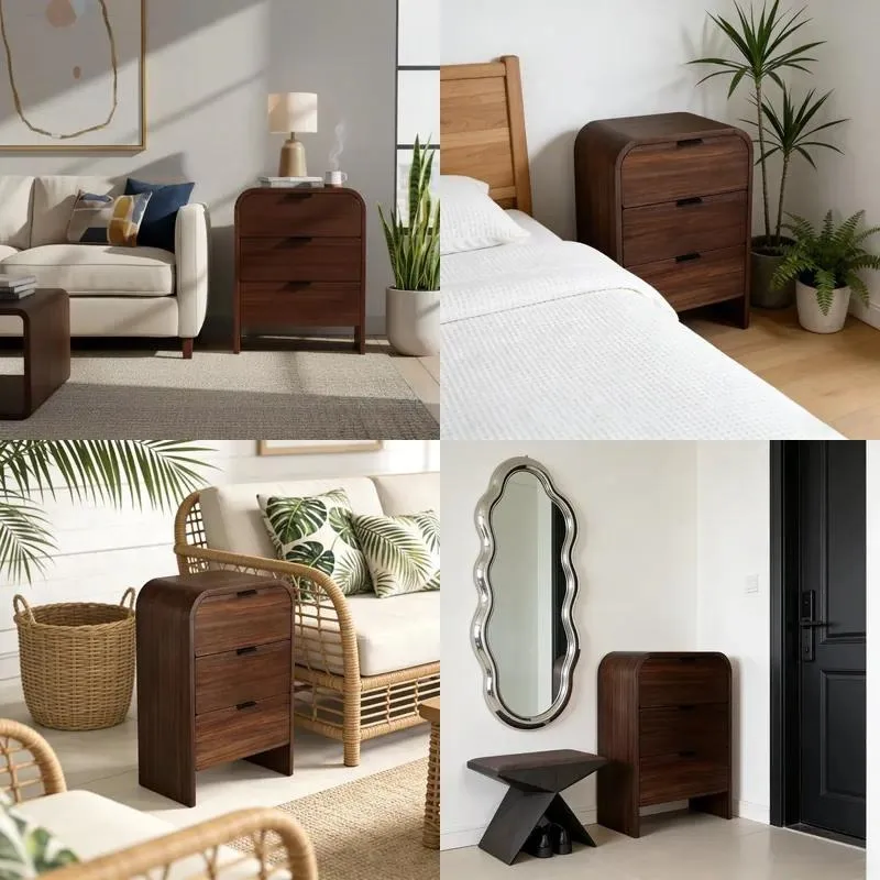 Luxury Walnut Finish Bedside Table with 3 Drawers Rounded Corner Wood Nightstand for Bedroom Home Hotel Villa Furniture