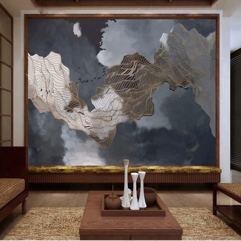 Chinese-style abstract artistic conception landscape golden lines flying birds luxurious home decoration bedroom background wall