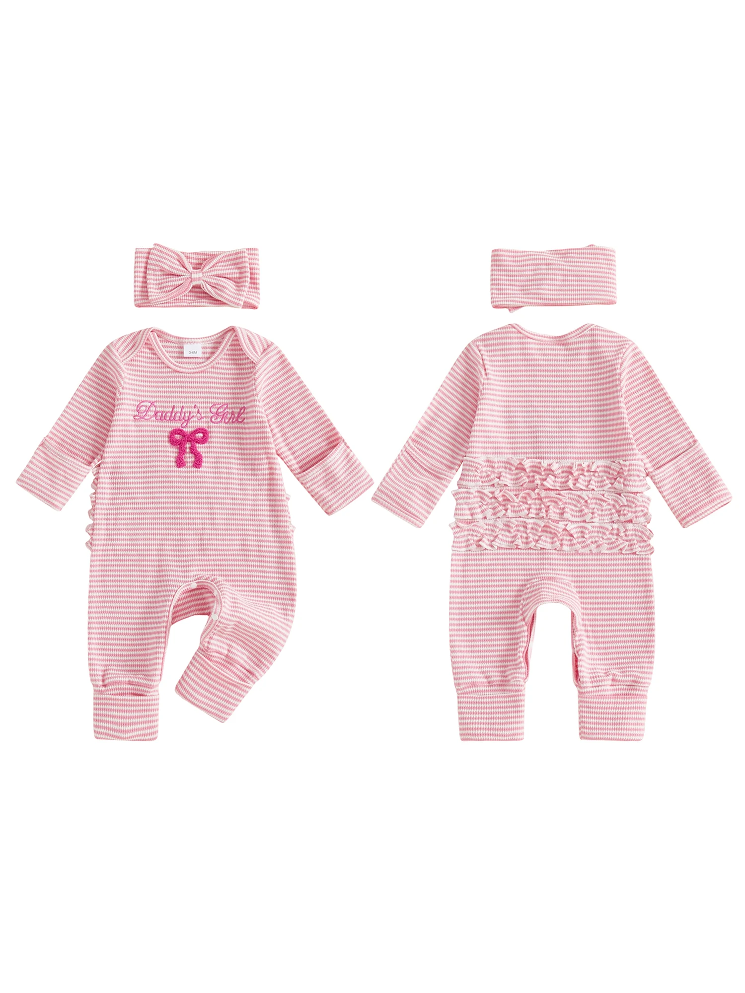 Playsuit Bayi Balita Motif Garis Musim Gugur dengan Bordir Huruf, Lengan Panjang dan Kerah Bulat Dilengkapi Pita Senada