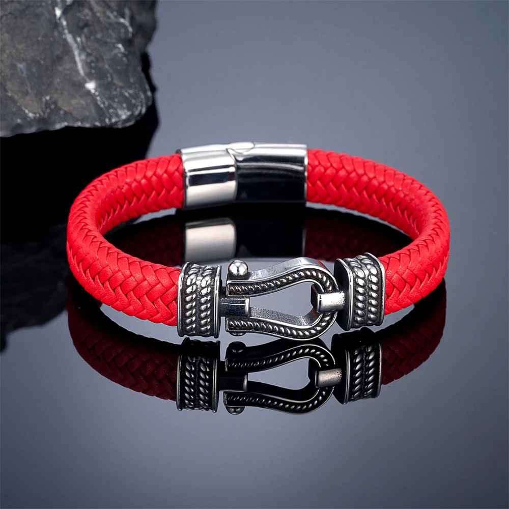 Vintage Braided Leather Bracelet for Men Stainless Steel Horseshoe U Shape Magnetic Clasp Bangle Handmade Fashion Jewelry Gift