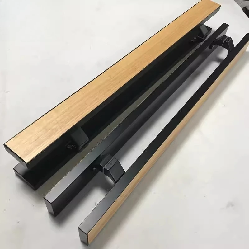 Framed glass door side handle stainless steel hemming solid wood lettering LOGO log wooden door handle