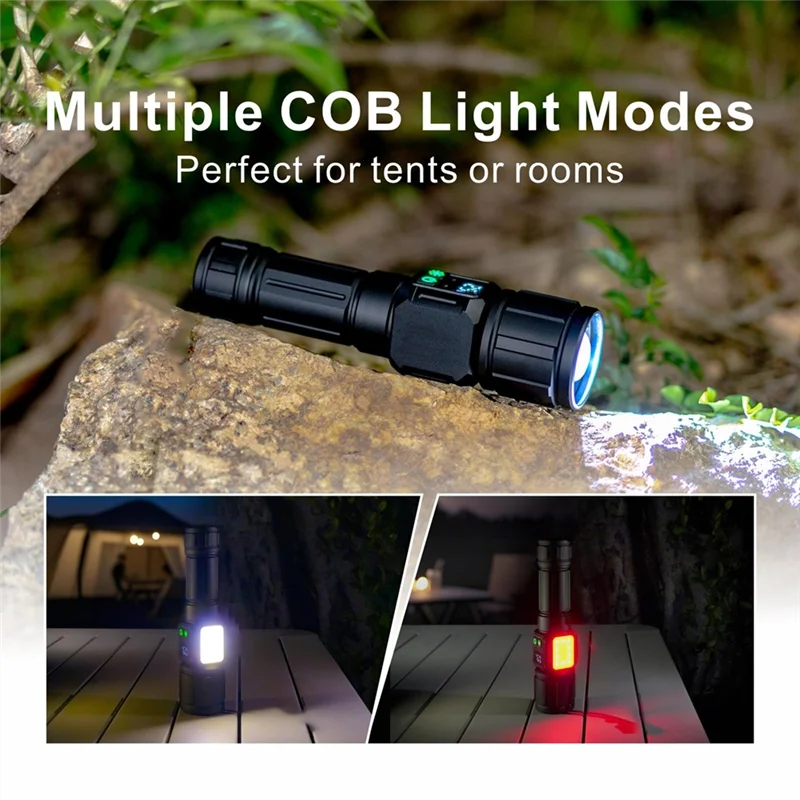 A74E-Magnetic Base Rechargeable LED Flashlight, Zoomable, IPX4 Waterproof, Bright Powerful For Camping, Emergency, Outdoor Use