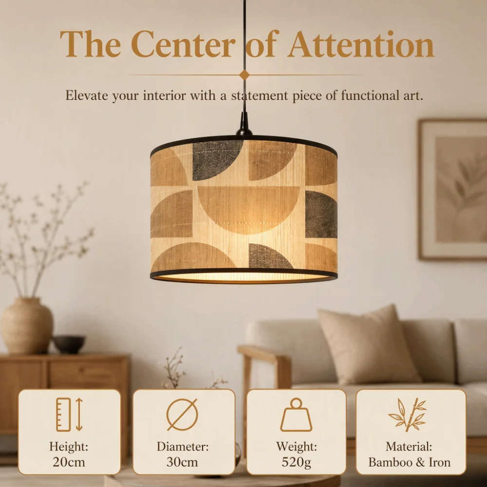 Handmade Bamboo Lampshade Long-Lasting Hangable Retro Lampshade Abstract Line Pattern Greenery Patterned Light Cover