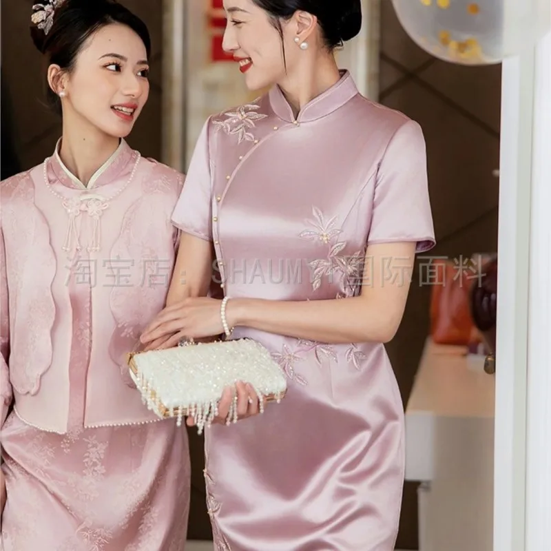 Triasetat gaun panjang satin Cui Shun pound halus setelan celana kain cheongsam