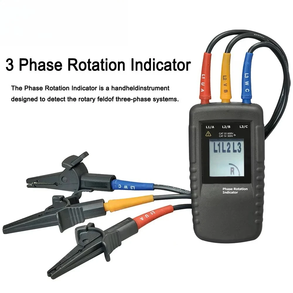 Handheld 3-Phase Rotation Indicator Meter, AC Phase Sequence Indicator 40V-690V AC with LCD Display
