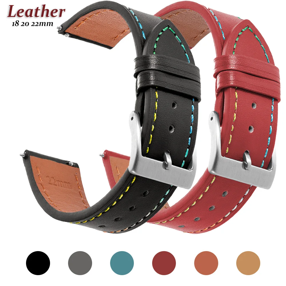 Colored Thread Leather Watchband Quick Release Strap 18mm 20mm 22mm Universal Bracelet for Men Women Watchband Wristband