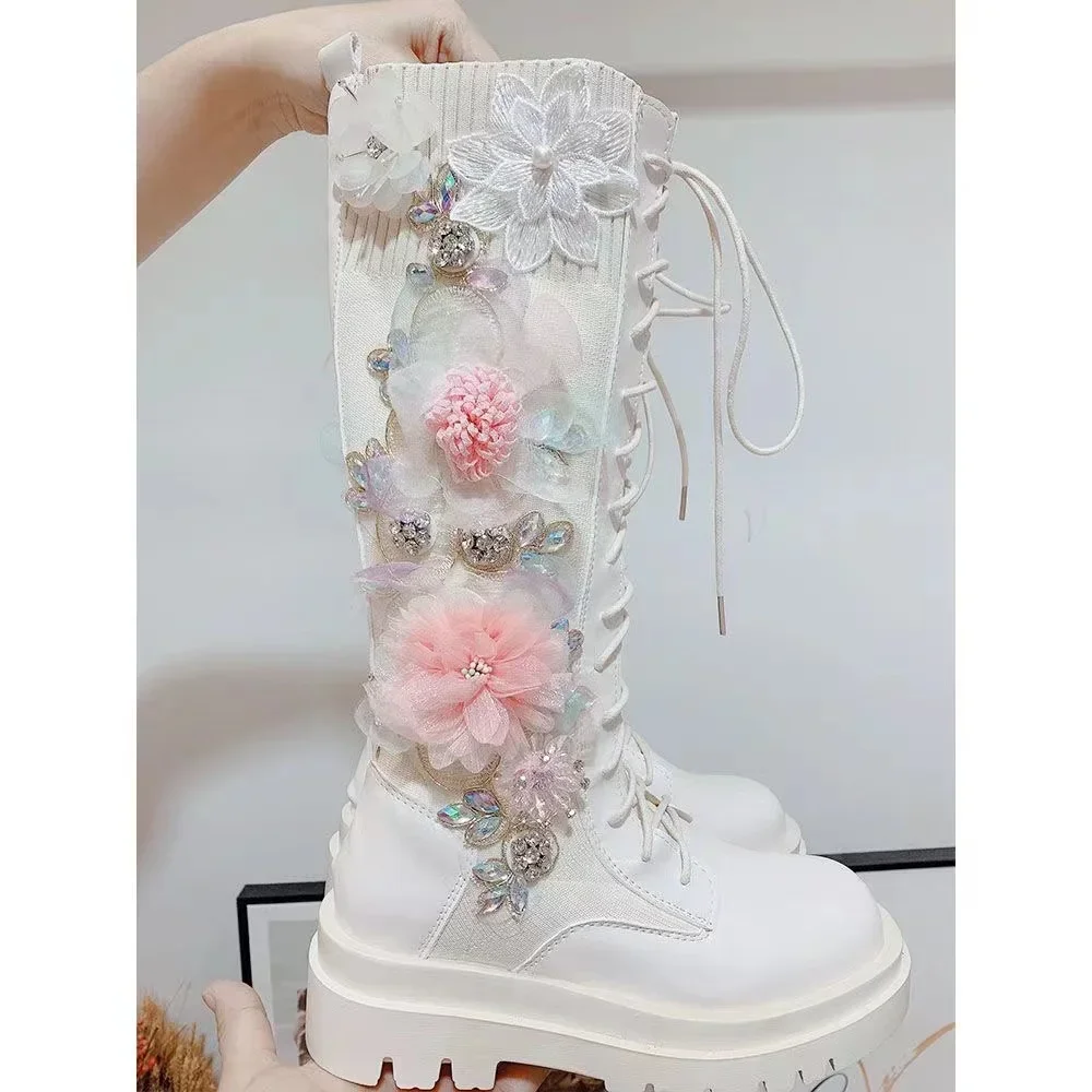 

Womens 3D Flowers Knee Thigh Boots Rhinestones Lace Up Bowknot Knits Knitted Stretchy Platform Chunky Heel Shoes DIY X-mas Gift