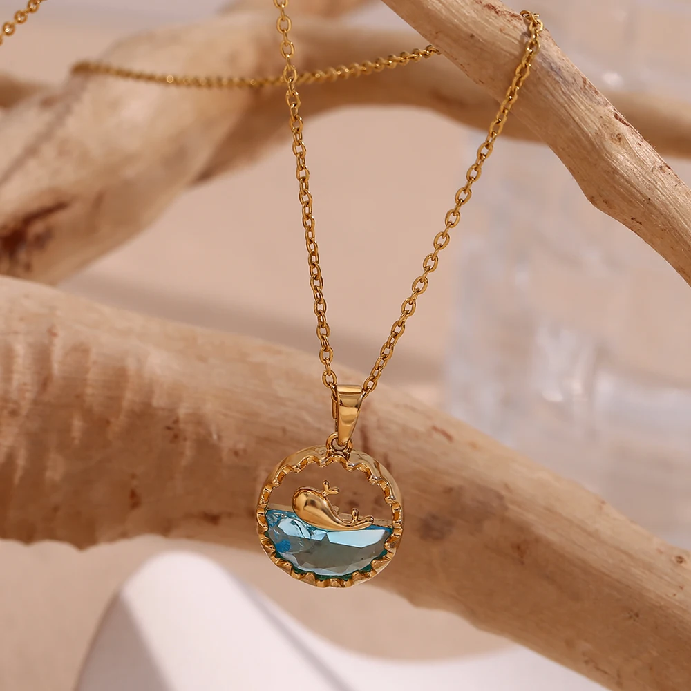 MamacitaSlay Cute Sea Spray Blue Whale Surrounded by Mountain Round Pendant O-Chain Stainless Steel Necklace Woman Jewelry