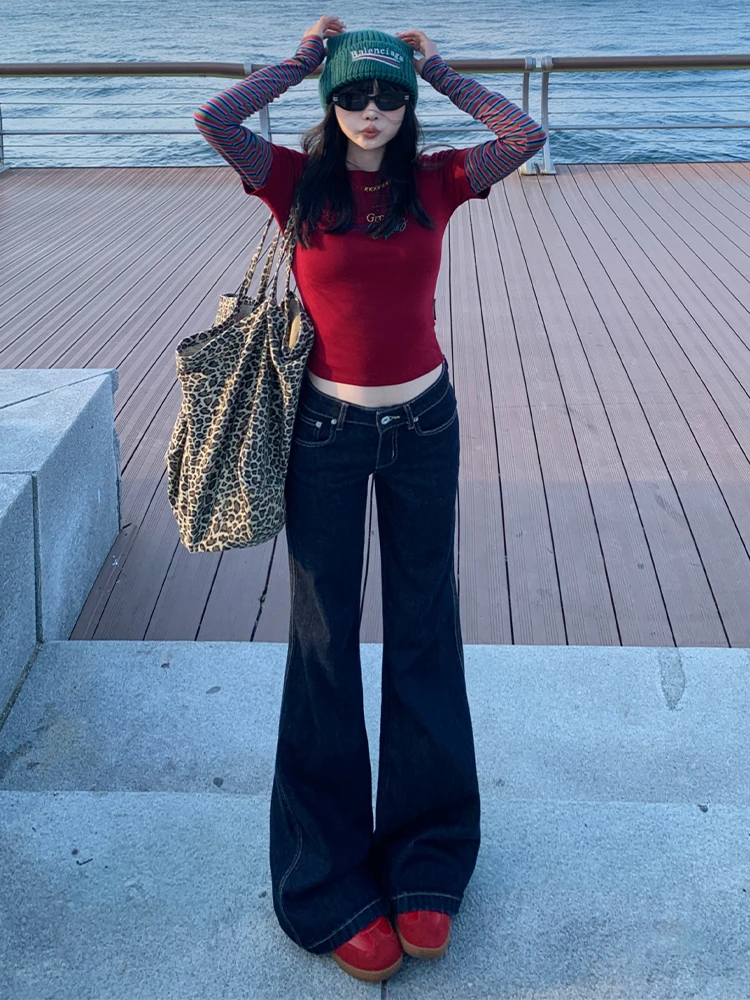 

American Style Loose Fit Low Waist Bell Bottom Denim Jeans Women's Fleece Lined Straight Leg Trousers Autumn Winter Blue