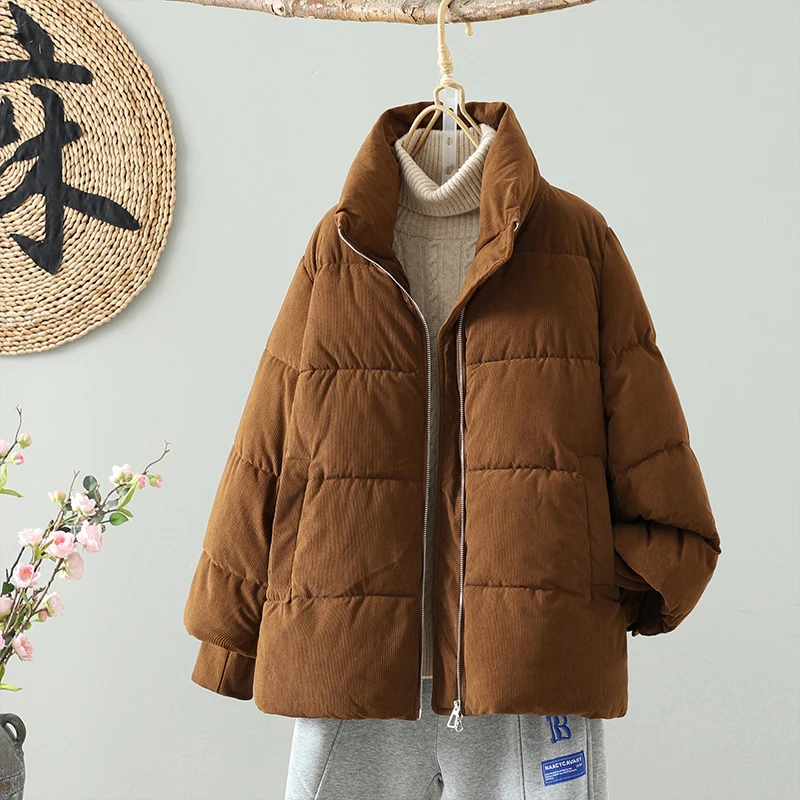 Winter Thiened Corduroy Bread Coat Loose Fit Warm Stand Collar plus Size  Color Cotton Jaet Outerwear for Women