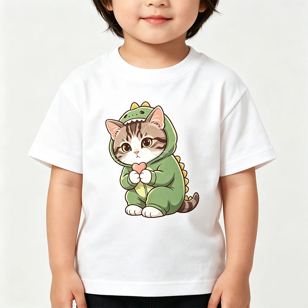 Children's pure cotton short sleeved T-shirt with comfortable, soft, cute cat dinosaur print
