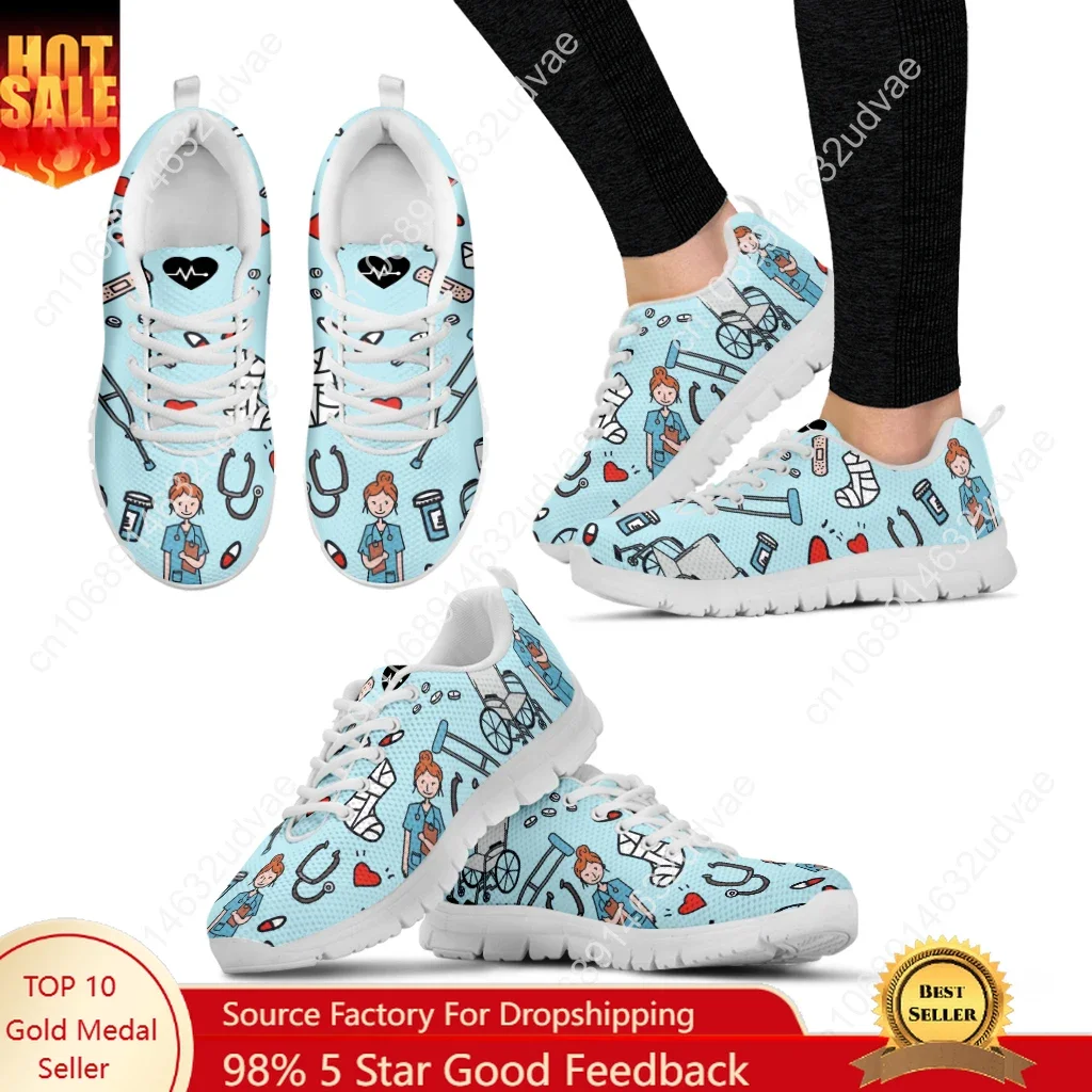 

Spring Leisure Sneakers For Ladies Orthopedic Nurse Pattern Flats Lace Up Shoes Comfortable Air Mesh Footwear Zapato