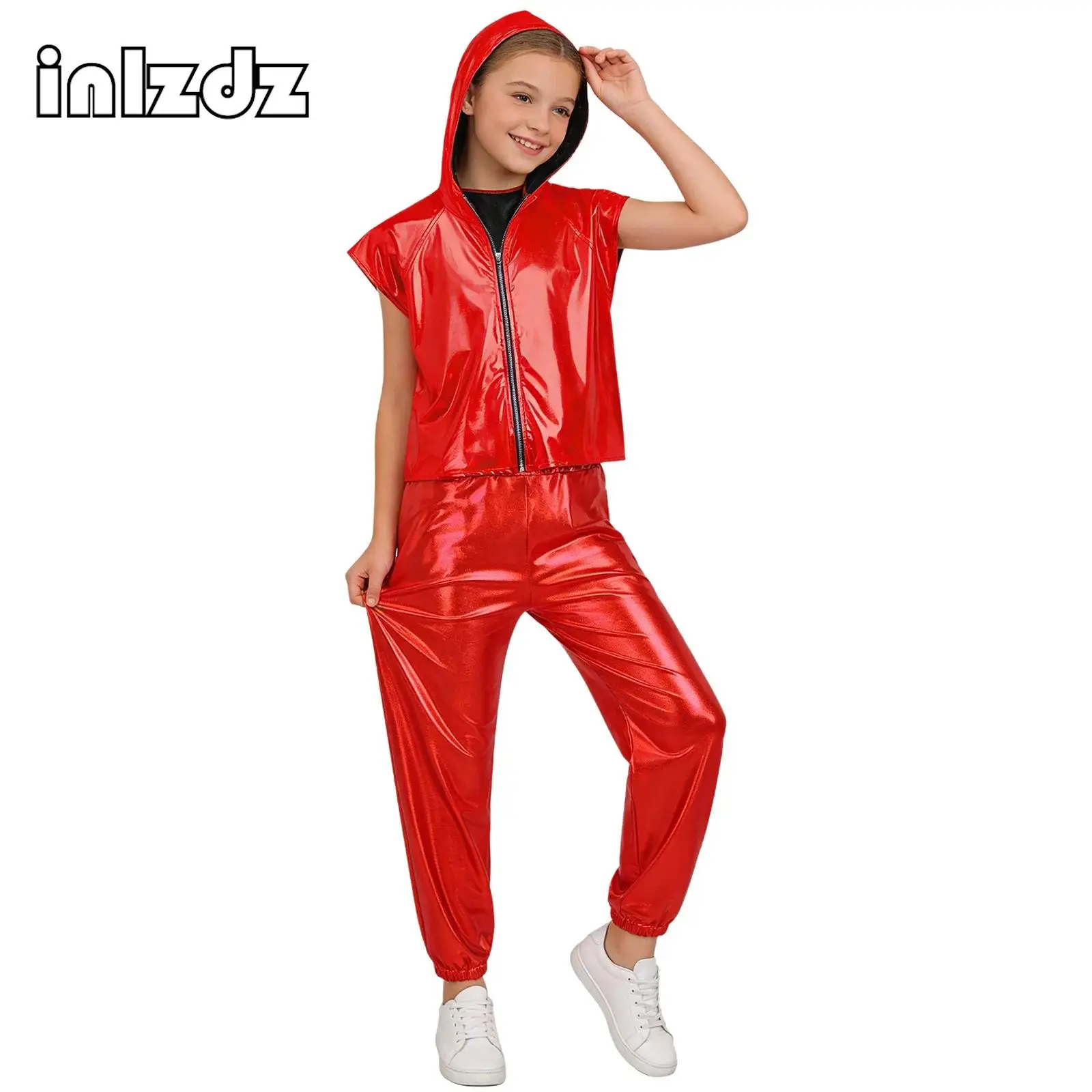 

Children Girls Jazz Hip-hop Dance Outfit Sleeveless Zipper Metallic Hooded Vest+Pants Set Stage Performance Competition Costume