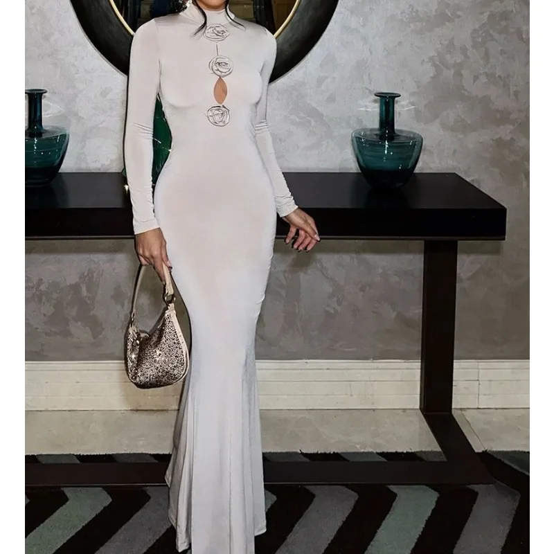 

Street Style Sexy Three-dimensional Flower Hollow Long-sleeved Celebrity Private Dress Hip-wrapped Long Dress Temperament