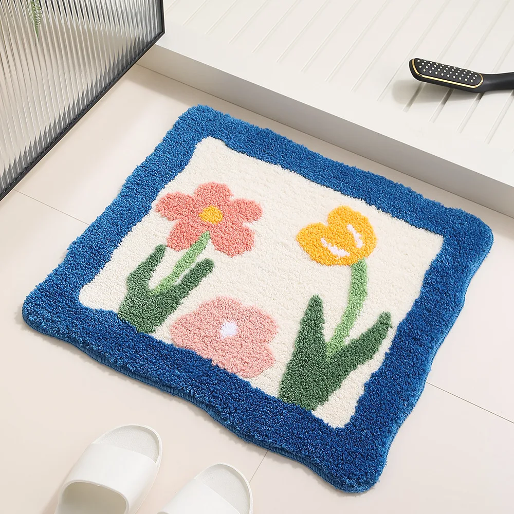 Floral Tufting Bathroom Mat Soft Tulip Bedside Foot Carpet Rug Floor Pad Bedroom Doormat Aesthetic Home Room Tidy Decor