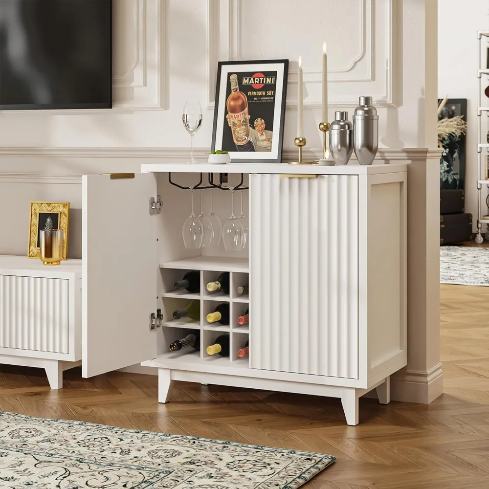 Fluted Coffee Bar Cabinet with Storage, Modern Sideboard Buffet Cabinet with Removable Wine Rack, Drawer, Adjustable Shelf