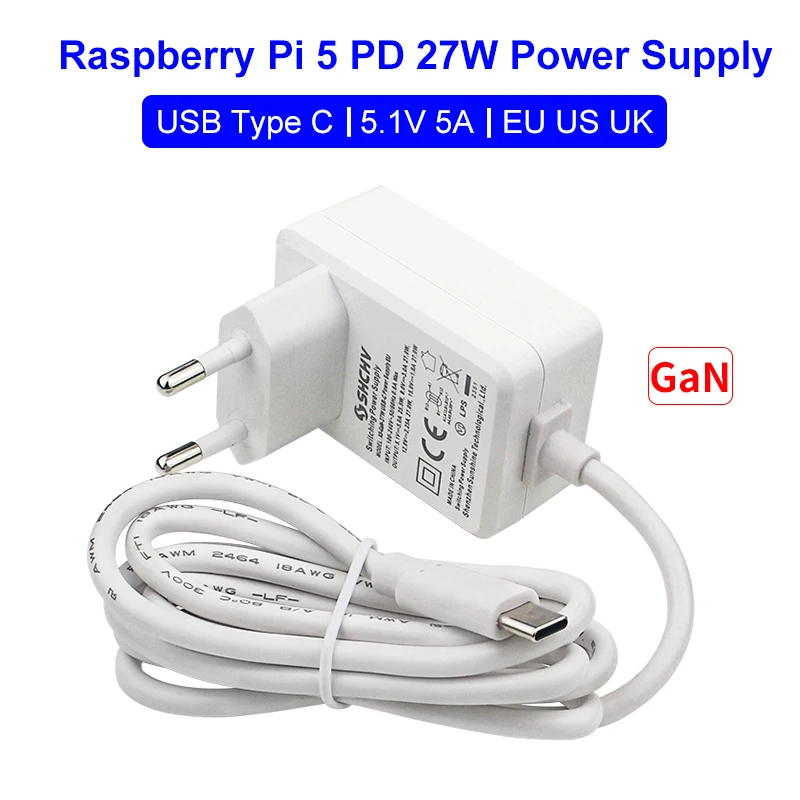 Raspberry Pi 5 5.1V 5A PD 27W Power Supply USB Type C Power Supply Charger EU US UK Plug Power Adapter for Raspberry Pi5/4B RPI5