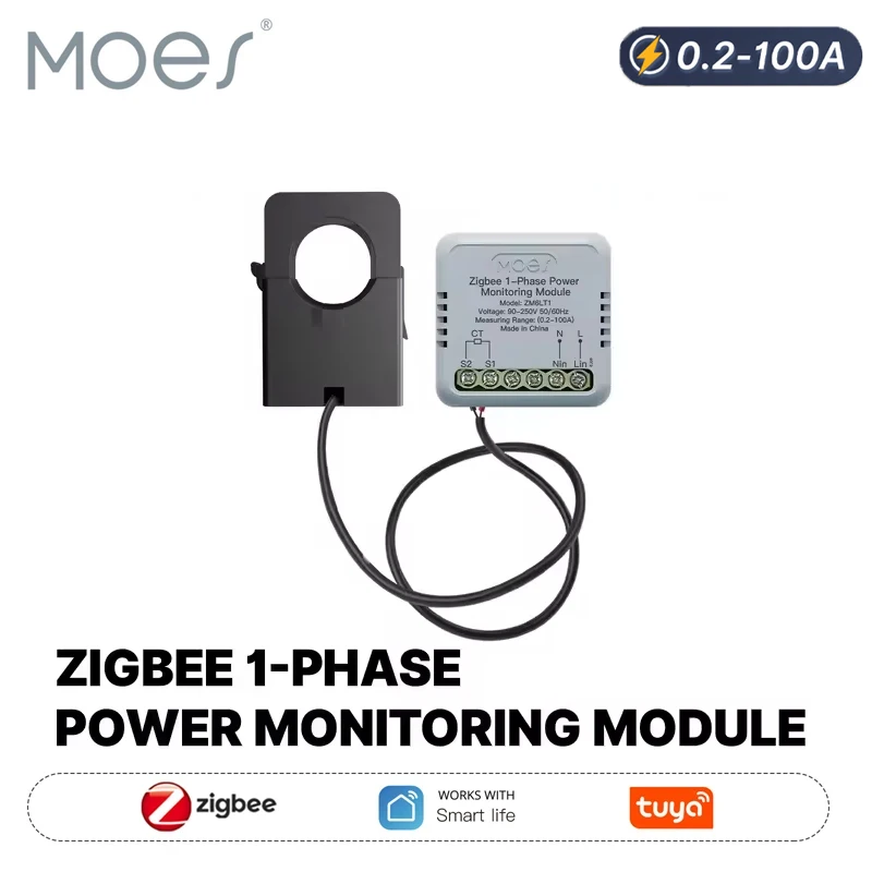 

MOES Tuya Zigbee Smart 1-Phase Energy Power Meter 100A APP Monitoring Module Bidirectional With Current Transformer Sensor Clamp