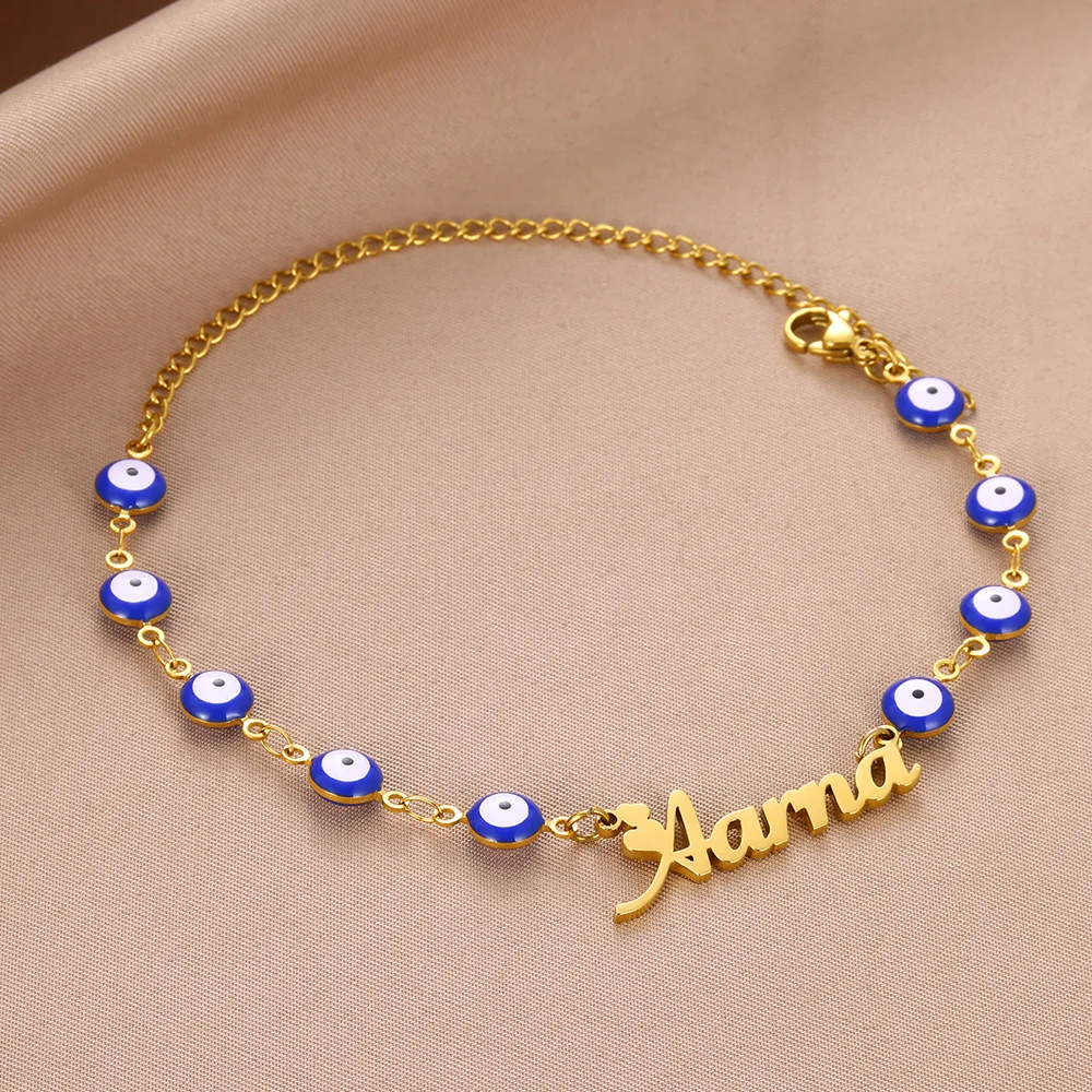 

Custom Blue Eye Name Bracelet For Women Girl Jewelry Stainless Steel Personalized Evil Eye Nameplate Best Friends Gifts