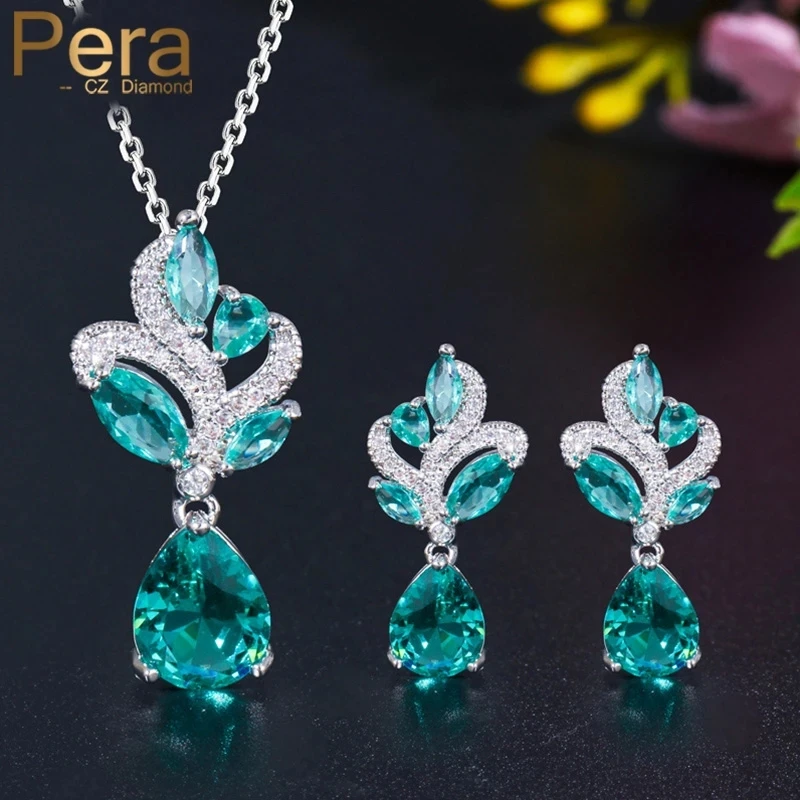 Pera Elegant Korean Style Light Blue Cubic Zirconia Women Fashion Pendant Leaf Necklace Water Drop Earrings Jewelry Sets J151