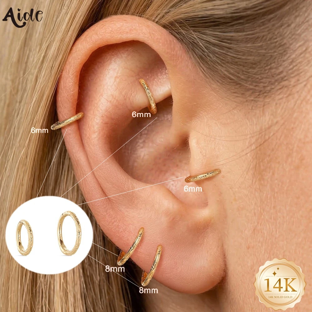 Aide 1PC 14K Soild Gold Smooth 6MM 8MM Hoop Earrings Huggie Earrings For Earlobe, Ear Cartilage Piercing Stackable Ear Jewelry