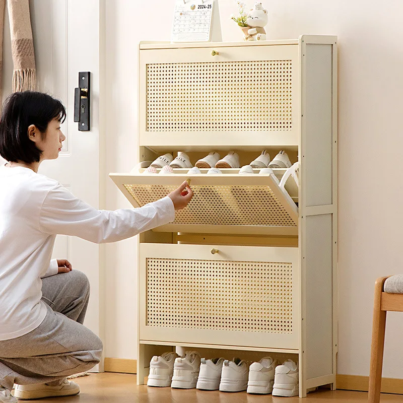 Slim Bamboo Shoe Rack Woven Rattan Shoe Cabinet Multi-Tier Storage Cabinet Space Saving Entryway