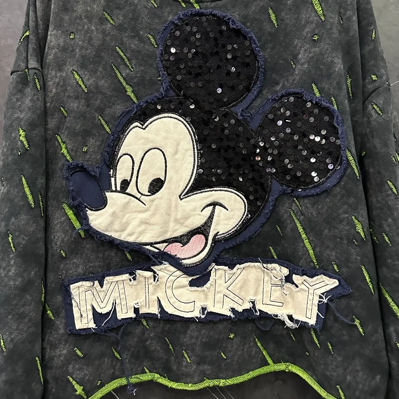 2025 Autumn Heavy Industry New Style Y2k Hoodies Ripped Cartoon Patch Embroidery Crew Neck Sweatshirt For Women Loose Casual Top