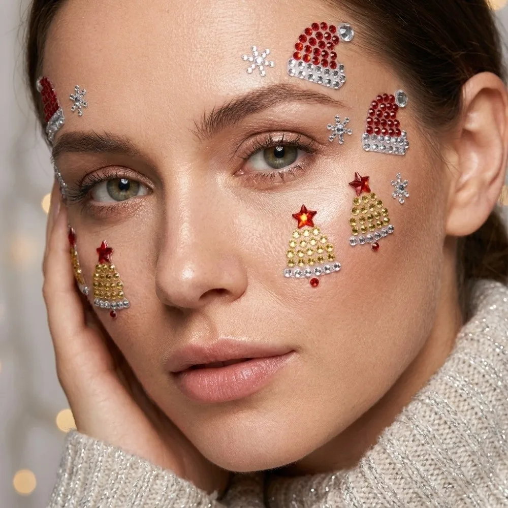 4Pcs Self-Adhesive Christmas Face Gem Sticker Set Red Green Silvery Snowflake Rhinestone Eye Body Decals Multi-Color