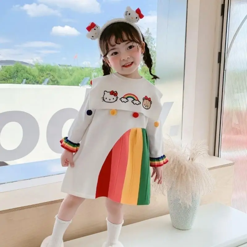 

Sanrios Hello Kitty Girl Autumn Winter Kt Cute Cartoon Dress Colored Cotton Child Lapel Pom Pom Kawaii Long Sleeves Dress Hot