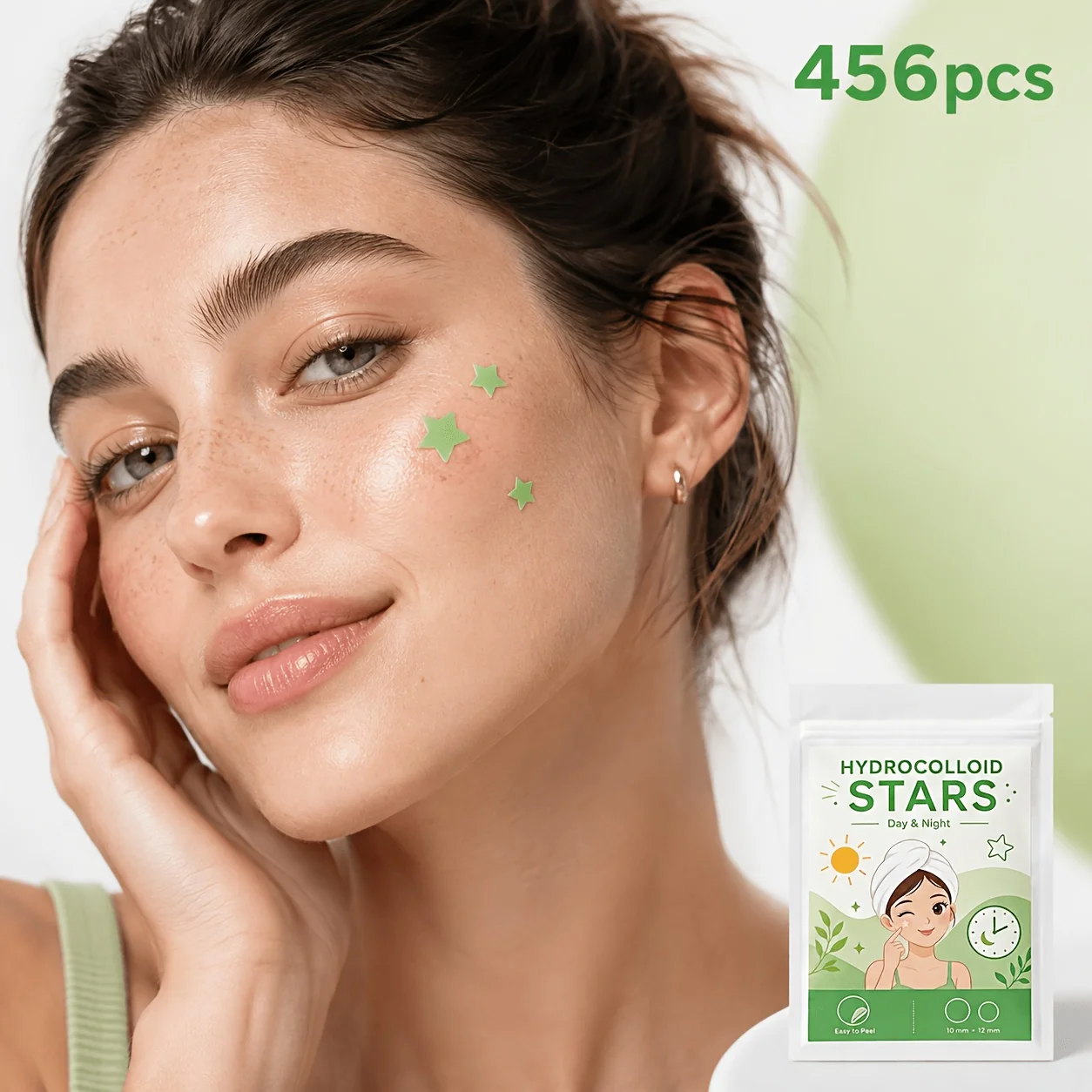 456PCS Hydrocolloid Pimple Patches, Green Star & Clear Round Face Stickers for Men Women, Day Night Party Use