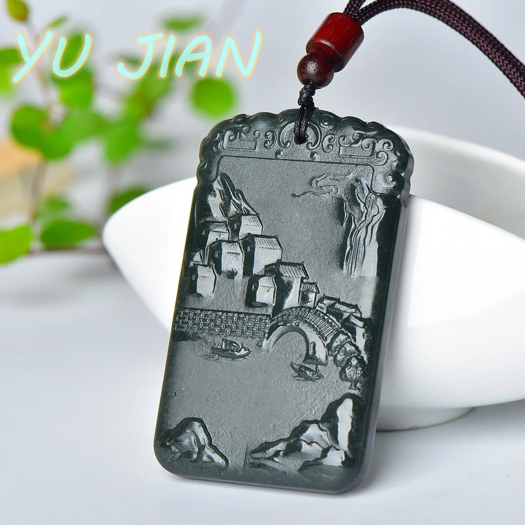 

Натуральный Hetian нефритовый пейзаж, кулон с изображением для мужчин и женщин, ожерелье из жадеита, благоприятная отправка, нефритовая цепочка, счастливый фэншуй, брендовые ювелирные изделия