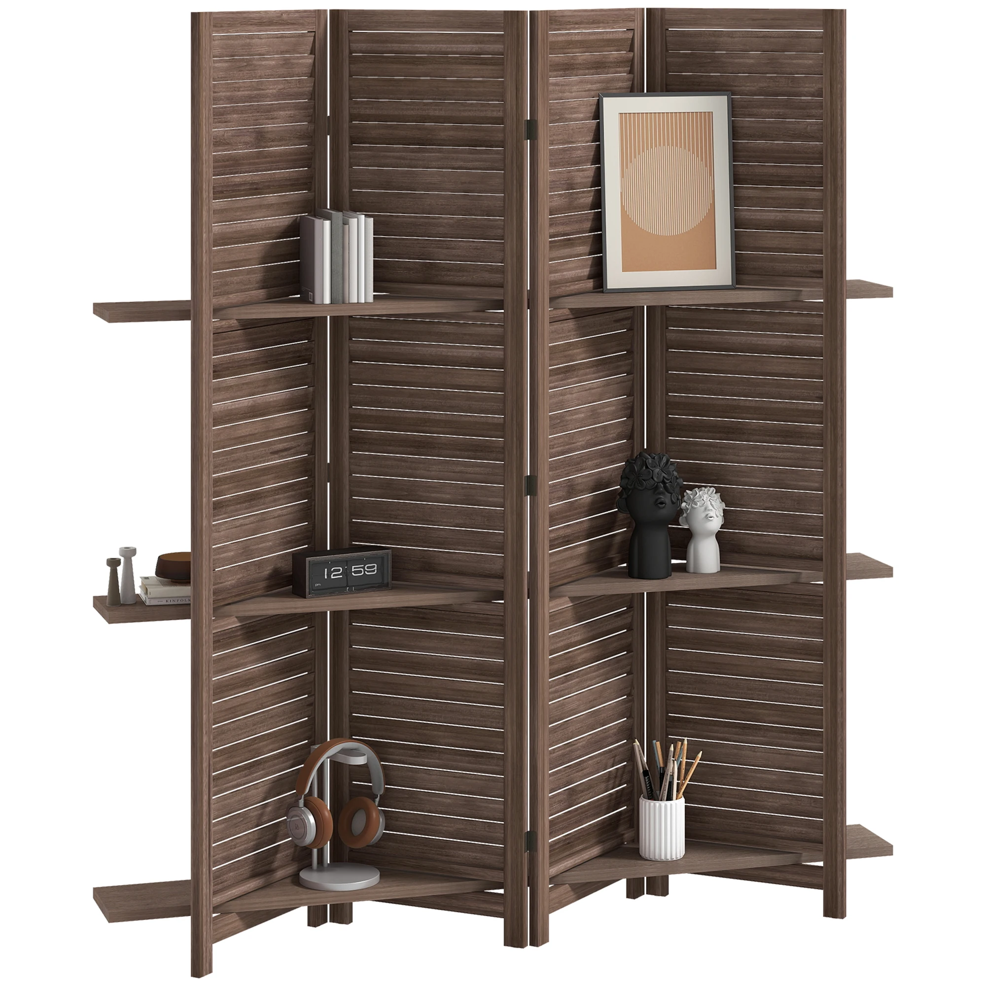 Wood Mobile Folding Privacy Screen, Room Divider with Shelves, Walnut