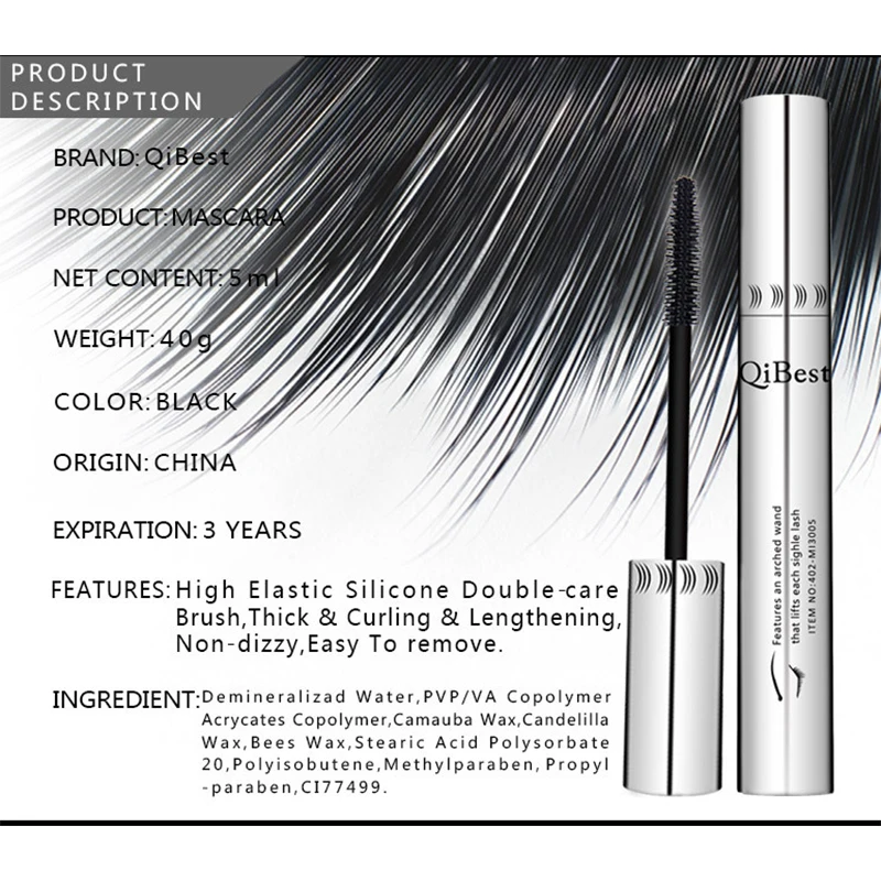 Qibest Silver Tube Waterproof Mascara Make Long & Curl Eyelashes Not Dizzy Easy To Remove Black Mascara Everlong Lasting