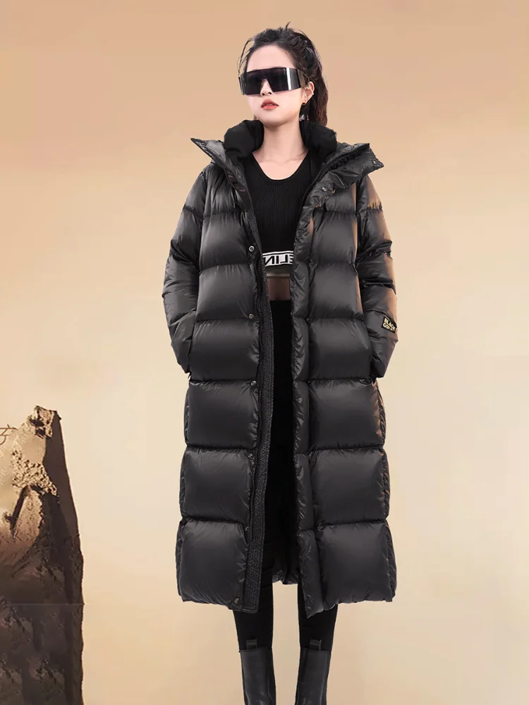 Long Duck Down Jacket for Men and Women, Thick Parka, Warm Hooded Parka, Black, Gold, Couple Models, Winter