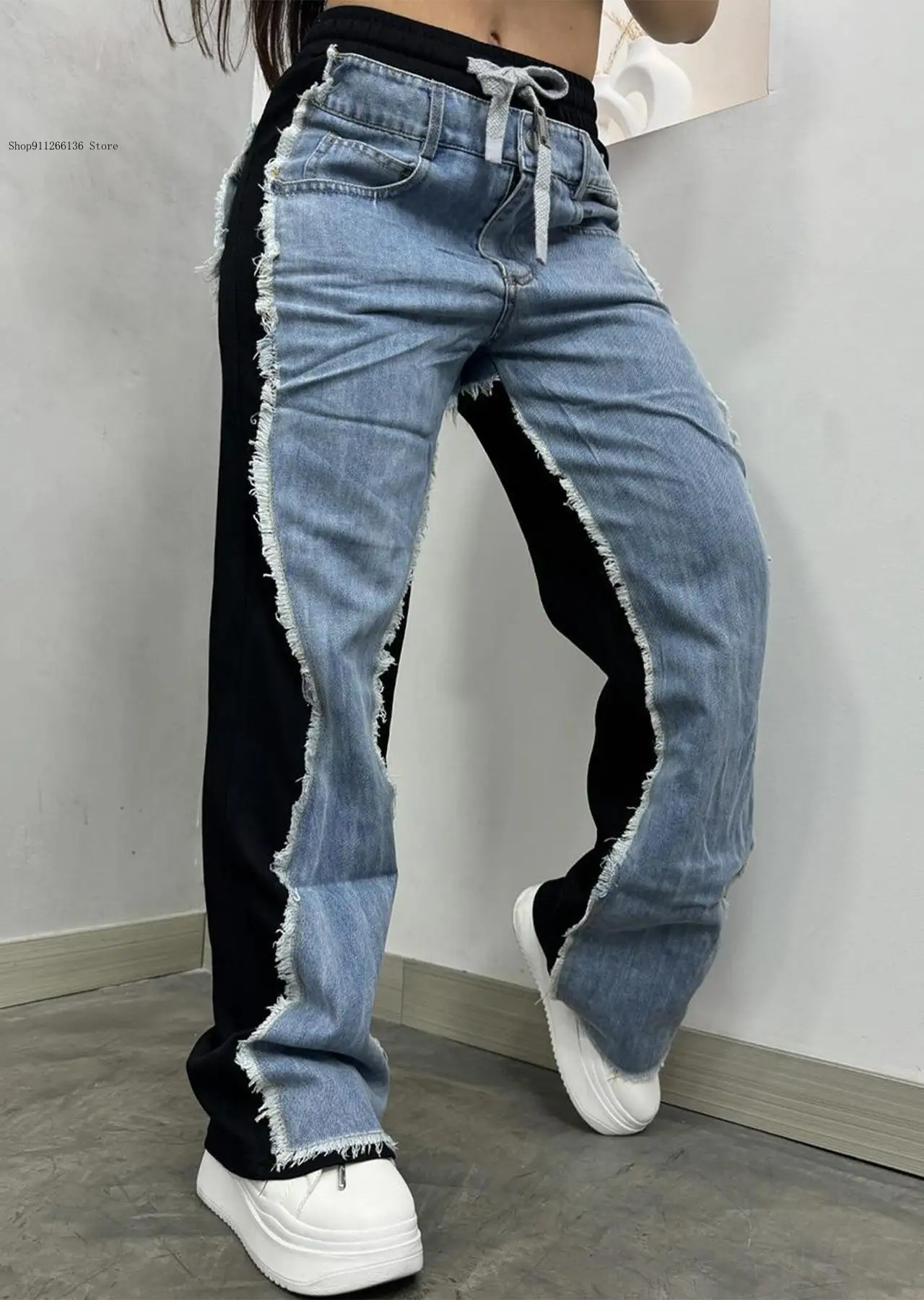 Autumn and Winter Women's Drawstring Contrasting Wide Leg Jeans Versatile for Daily Sports and Leisure Jogger Sweatpants Trouse