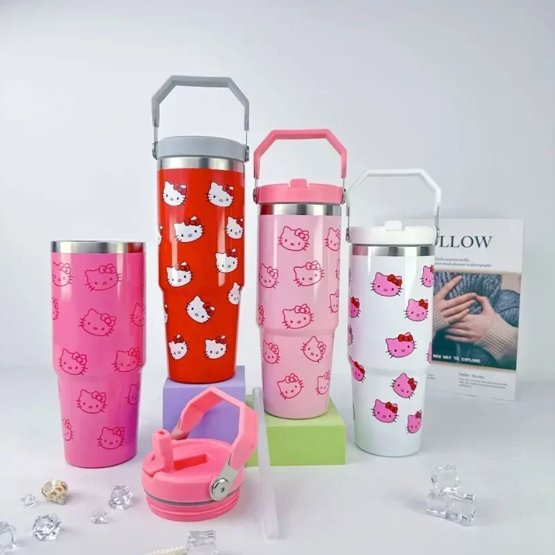 Kawaii Hello Kitty Kubek próżniowy ze stali nierdzewnej o dużej pojemności Anime Lovely Student Przenośny kubek Ice King na zewnątrz Automatyczny kubek Nowy