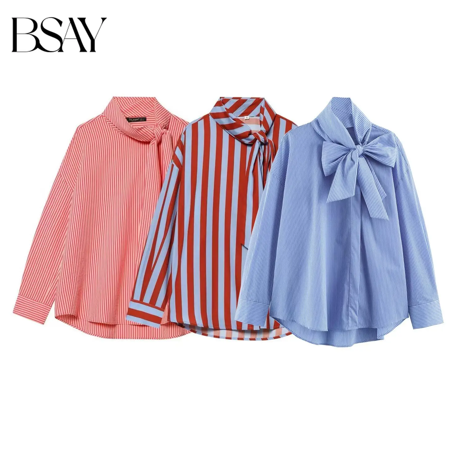 BSAY French Casual Striped Blouse Women Bow Tie Neck Long Sleeve Drop Shoulder Loose Fit Vertical Stripe Shirt Daily Wear Top