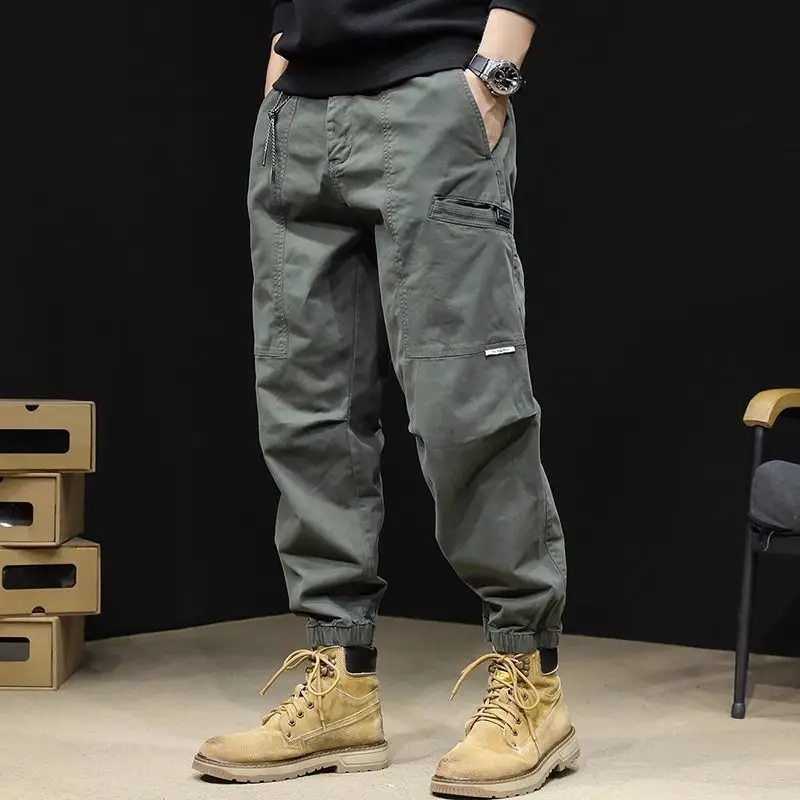 

Spring Autumn Men's Clothing Solid Color Elastic High Waisted Zipper Pockets Casual Fashionable Trousers Cargo Bloomers Pants