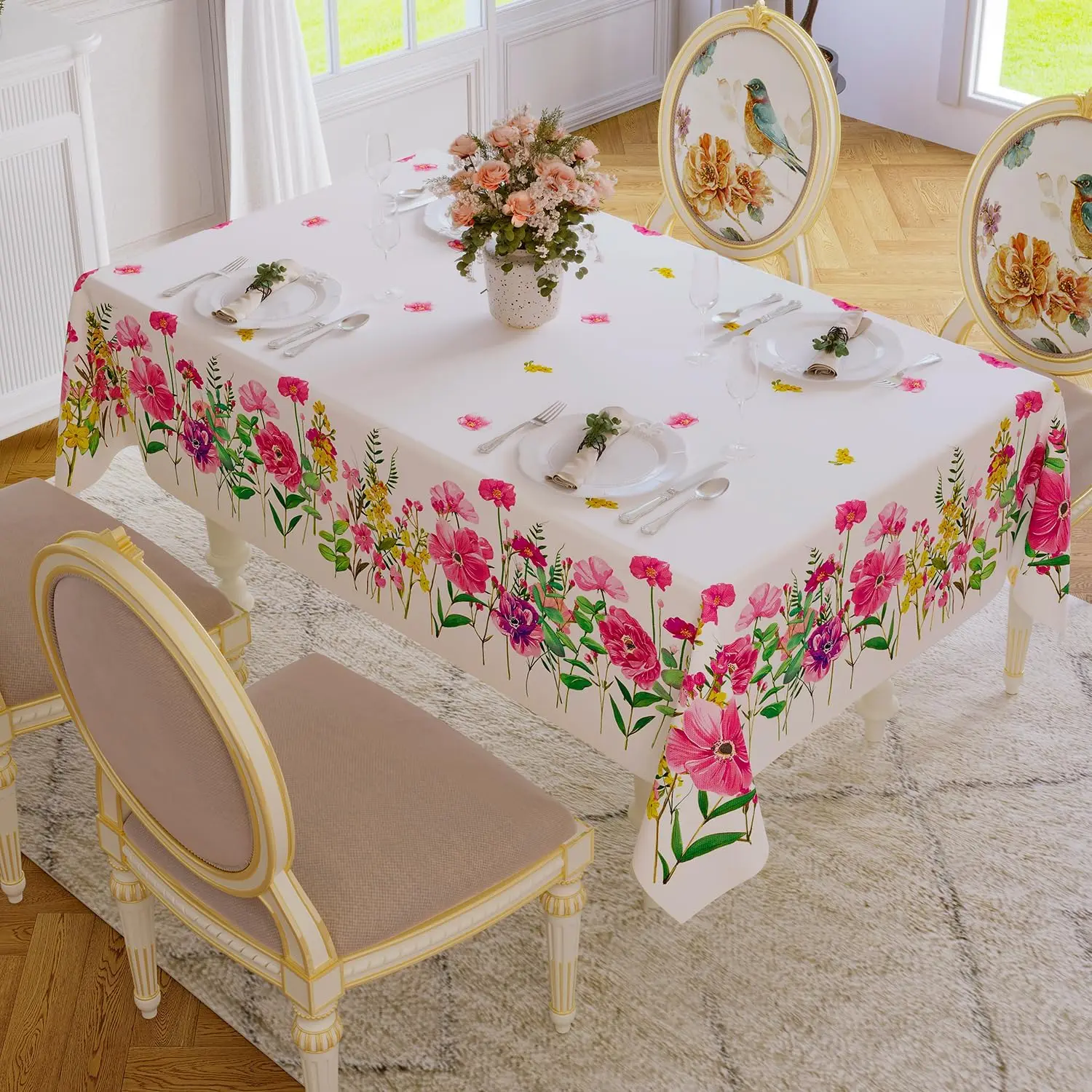 Spring Waterproof Floral Pattern Tablecloth  Kitchen Dining Table Decor Washable Table Cover Outdoor Picnic Party Wedding Decor