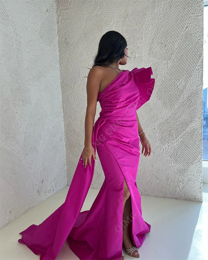 OIMG Fuschia Long Mermaid Evening Dress One Sleeve Side Slit Custom Prom Gown Pleat Satin Floor-Length Cocktail Party Dress